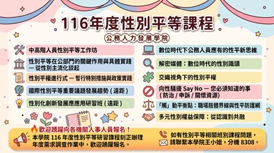 公務人力發展學院116年度性別平等課程
